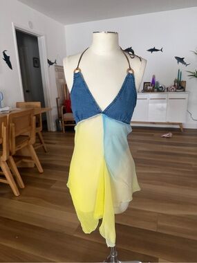 Vanity Y2K Denim Halter Top with Yellow & Sky Blue Chiffon